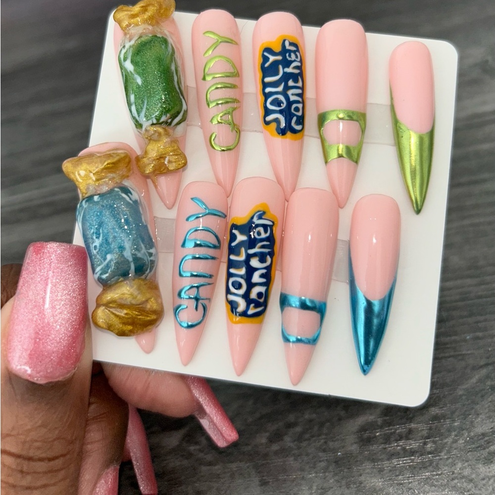Jolly Rancher Candy-Themed Nail Art Press On Set - Pink and Multicolor